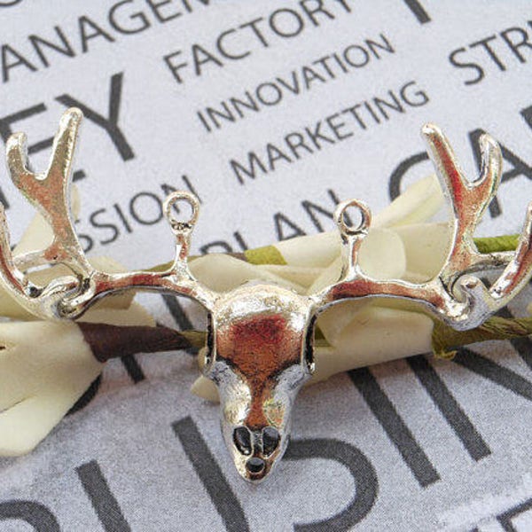 20pcs Antique Silver 3D Deer Head Charms Connectors Stag Antler Skull Deer Antler , Elk Deer, Elk Antlers Head Skull, DIY Supplies 38x54mm