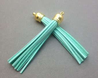 20pcs Mint Suede Leather Tassel With gold color plastic Cap Tassel Fringe Tassel with Shinny 10x90mm