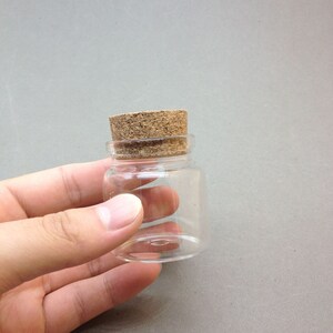 May include: A small, clear glass bottle with a cork stopper. The bottle is empty and has a round shape.