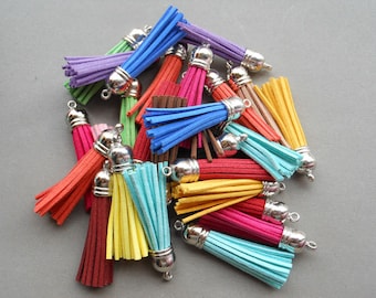 20pcs (mix color)Suede Leather Tassel With silver color plastic Cap Tassel Fringe Tassel with Shinny 10x50mm