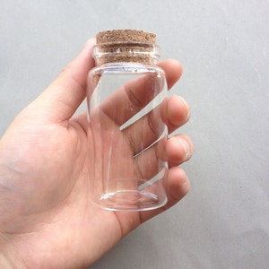 May include: A clear glass bottle with a cork stopper. The bottle is empty and has a cylindrical shape.