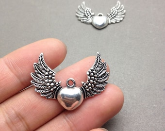 34mm x 29mm Vintage Winged Flying Stamped Heart for charm or pendant Made in USA Classic Silver Pack of 6