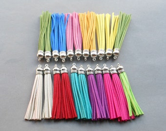 40pcs (mix color)Suede Leather Tassel With silver color plastic Cap Tassel Fringe Tassel with Shinny 10x90mm