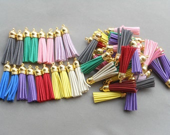 20pcs (mix color)Suede Leather Tassel With gold color plastic Cap Tassel Fringe Tassel with Shinny 10x60mm
