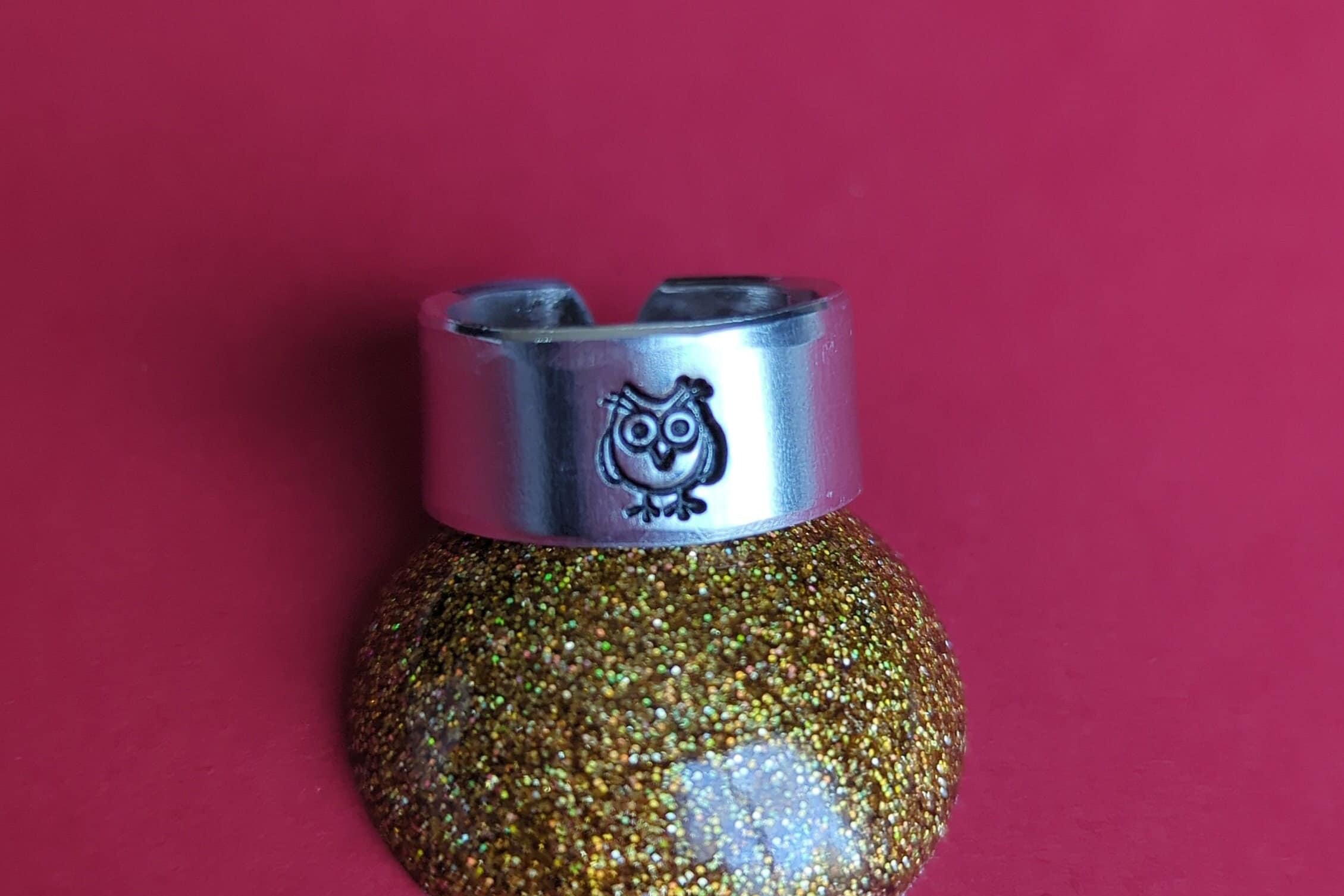 Hand Stamped Owl Cuff Ring: Adjustable Aluminum Jewelry