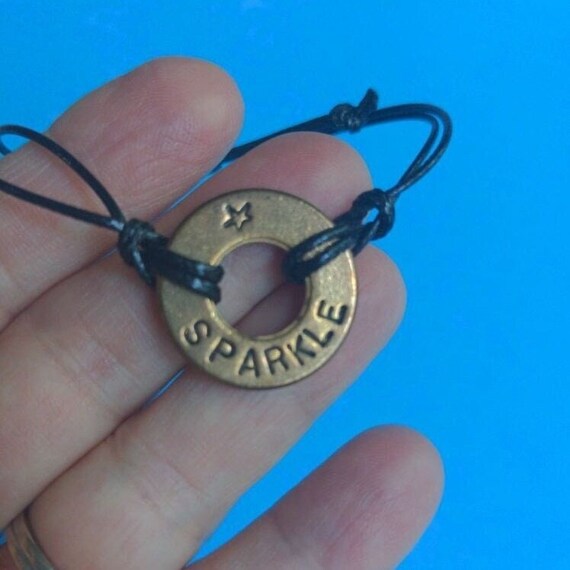 Sparkle Antique Bronze Hand Stamped Sliding Knot Washer Bracelet