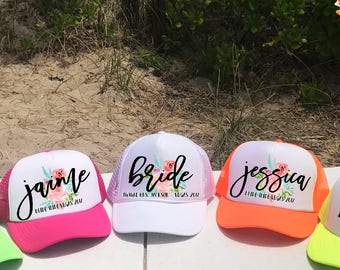 Neon CUSTOM Bachelorette Hats / FLORAL background with NAME Trucker Hat / Bridal Party / Bridesmaids Maid of Honor / Pool Party