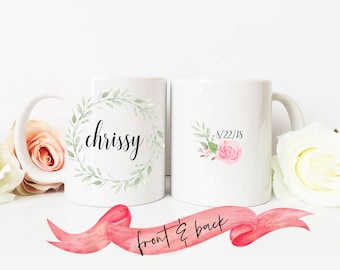 Floral BRIDESMAID Custom Name MUG / Name with Date on back / Green Wreath with Rose / Great Gift for Bridal Party Maid of Honor