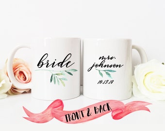 BRIDE Mug with Delicate Greenery / Back Design with Last Name & Date / Cute Script / Front Back Personalization Proposal Maid of Honor