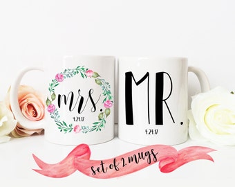 Mrs & Mr Wreath MUG SET / Custom Date / Cute for Photos / Newlywed Gift Wedding Bride Groom / Cute and Funny 11 oz or 15 oz Ceramic