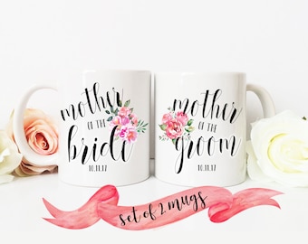 Mother of the Bride and Groom Floral Mug Set / Custom Date / Present Favor for Parent 11 oz or 15 oz Ceramic Dishwasher Safe