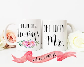 Future Mrs & Mr MUG SET / Custom Last Name / Lucky Mr / Newlywed Gift Wedding Bride Groom / Cute and Funny 11 oz or 15 oz Ceramic