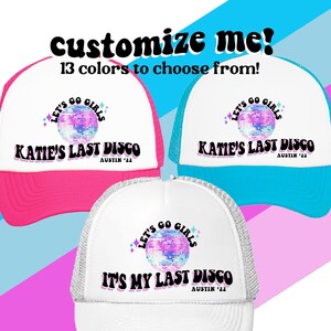 Disco Theme Bachelorette Hats Custom Text | 13 Colors to choose | Disco Bride Let&#39;s Go Girls | Vintage Fun Bach Party Retro