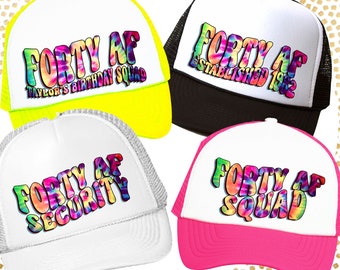 40 AF Squad Crew 40th Birthday Hats | 10 Colors to choose | Vacation and Birthday 40 and Fabulous 40th Bday Turning 40 Retro Groovy Tie Dye
