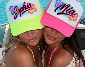 Custom Airbrush Trucker Hat, Personalized Name Hat, Retro 90s Neon Beach Hat, Bachelorette Party Hat, Spring Break Hat, Y2K Aesthetic