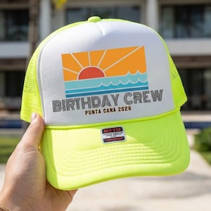 Retro Sunset Beach Hats with Custom Text | 13 Colors | Vacation and Birthday Trip Trucker | 40th Birthday | Mexico Cabo Cancun Bday