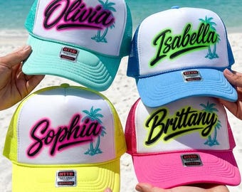 Custom Airbrush Trucker Hat, Personalized Name Hat, Retro 90s Neon Beach Hat, Bachelorette Party Hat, Spring Break Hat, Y2K Aesthetic