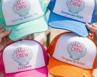 VACAY Crew Trucker Hats | Shell Beachy Design with Custom Name | Summer Group Trip Birthday Party Shore House Family Squad Bday Vacation