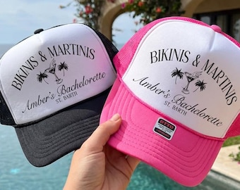 Bikini & Martini Bach Trucker Hats | Beach Club Cabana Club Girls Trip | Bachelorette Beach Party Design | Martini Theme Custom Personalized