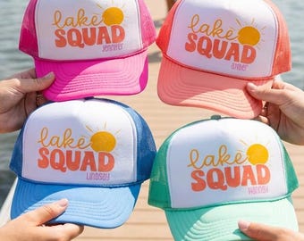 LAKE Trucker Hats | Fun Sun Retro Design with Custom NAME | Sunshine Summer Group Trip Birthday Party Lake Trip Family KIDS Squad Trip Bday