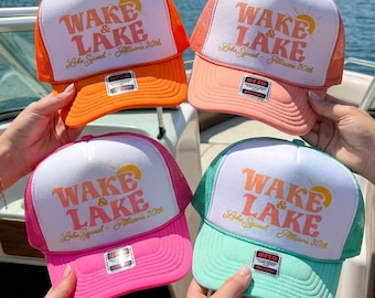 LAKE Trucker Hats | Fun Sun Retro Design with Custom Line | Sunshine Summer Group Trip Birthday Party Lake Trip Family Lake Squad Trip Bday