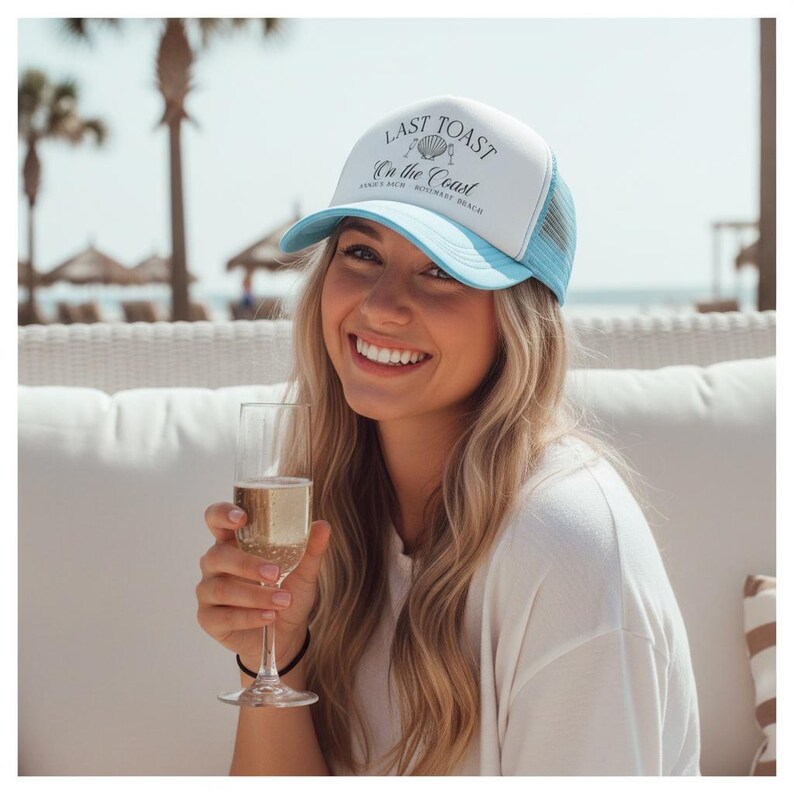 Last Toast Coastal Trucker Hats | Bach Trip Beachy 30a | Bachelorette Party Shell Design | Coast Theme Bridesmaid Party Bride Favor image 3