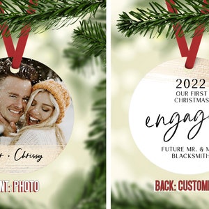 Engaged Photo Christmas Ornament 2022 | Photo with Custom Back | Decoration Tree for Christmas Gift with Date | 3 Inch Flat with Ribbon