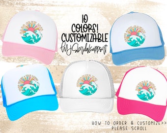 Retro Tropical Trucker Hats | 13 Colors | Vacation 40th Bday Turning 40 30 21 Bday | Crew Squad Let's Fiesta | Custom Line around Circle