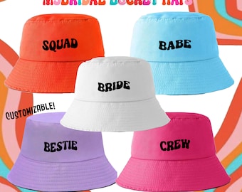 Retro Bachelorette Bucket Hat | 5 Colors to Choose | Custom Groovy Text Bride Babe Squad Crew | Girls Trip Vacation 90's Theme Vintage