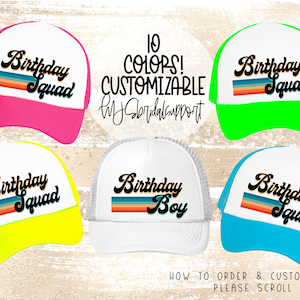 Retro Birthday Squad Hats | 10 Colors to choose | Vacation and Birthday Bday Boy Bday Girl Rainbow 70&#39;s