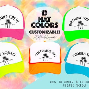Palm Tree Trucker Birthday Hats | 13 Colors to choose | Vacation Birthday 40th Bday Turning 40 30 21 Cancun Cabo Mexico Crew Squad Beach
