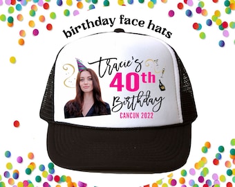 Custom Birthday FACE Hats | Party Favor for Birthday Celebration | Name 30 40 50 60 70 Birthday with Custom Line | Small Party hat on Head