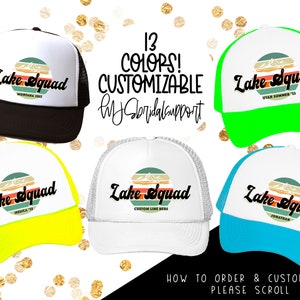 Neon LAKE Hats | Lake Squad Trucker Hats with Custom Name or Location | Neon Bright Colors | Trucker Hat Adjustable | 13 colors | Birthday