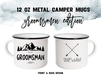 GROOMSMAN Camper Mug | Custom Front & Back Text | Mountains Rustic Wedding Forrest | Wedding Best Man Gift From Groom | Bridal Party