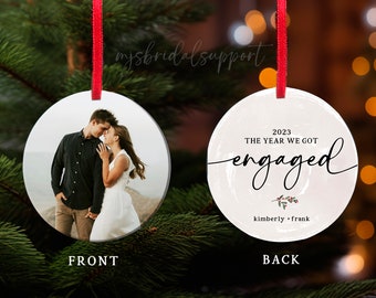 First Christmas Engaged photo ornament, Personalized Christmas Engagement ornament front and back, Christmas photo ornament, Double sided