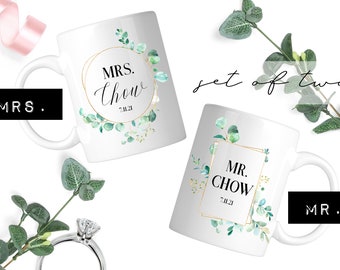 Mr. and Mrs. Mug Wedding SET | Dainty Gold Square and Circle Eucalyptus | Custom Date | Two Sizes to Choose | Dishwasher & Microwave Safe