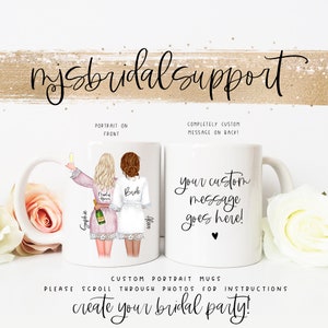 Custom Portrait BRIDESMAID mugs / Bride with Bridal Party Holding Champagne / Customize Hair, Skin, Robes, Names, Back / LACE ROBES