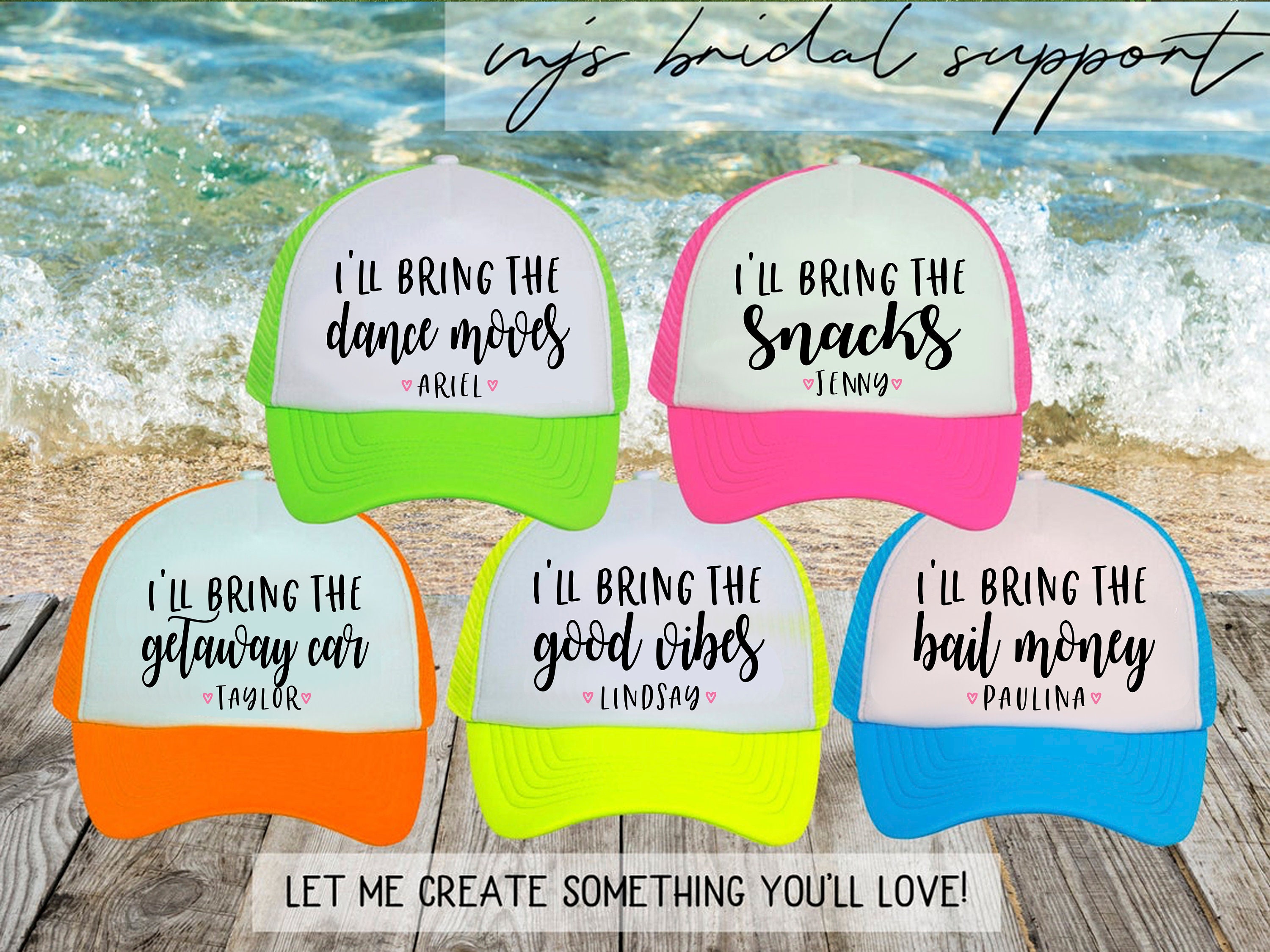 NEON I'll Bring Bachelorette Party Hat / Gorra de camionero totalmente personalizable / Pool Party / Vegas Miami / Vacaciones en la playa / Vacaciones familiares