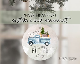 2021 Christmas ORNAMENT | Christmas Santa Truck Mr. & Mrs. Custom Last Name FINALLY | Newlywed Gift Holidays | Small Keepsake for Couple