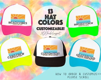 Retro Sunset Beach Hats with Custom Text | 13 Colors | Vacation and Birthday Trip Trucker | 40th Birthday | Mexico Cabo Cancun Bday