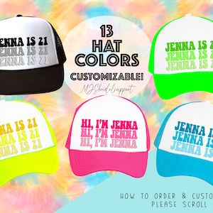 NEON BIRTHDAY Trucker hats / Custom NAME and Age / Birthday Pool Party Beach Trip / 21 30 40 50 60 Bday Simple 21st 30th 40th 50th