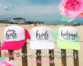 NEON Bachelorette Party Hat / Floral Design Neon Trucker Cap / Pool Party / Vegas Miami / Beach Vacation / Bridesmaid Hat / Customizable