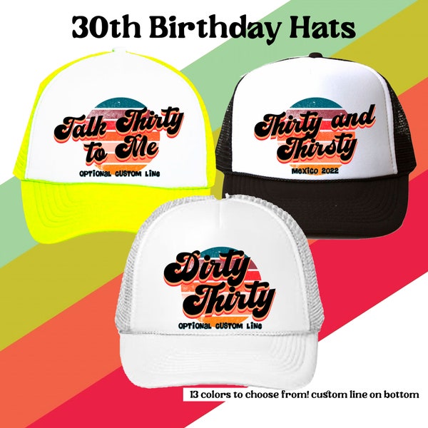 Retro Sunset Hats with Custom Text | Funny 30th Birthday with Custom Text and Sunset Image | Bday Party Favor Vacation 13 Colors to choose