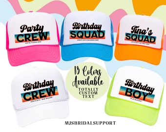 Retro Birthday Squad Hats | 13 Colors to choose | Vacation and Birthday Bday Boy Bday Girl Rainbow 70's Striped Design Custom Text Vintage