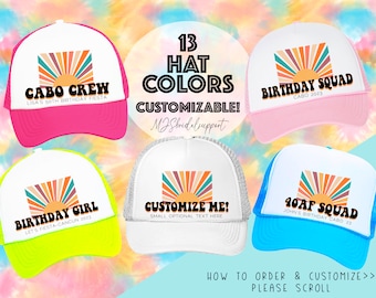 Retro Trucker Hats | 13 Colors | Vacation 40th Bday Turning 40 30 21 Bday | Crew Squad Let's Fiesta | Customizable | Kids Party Sunset