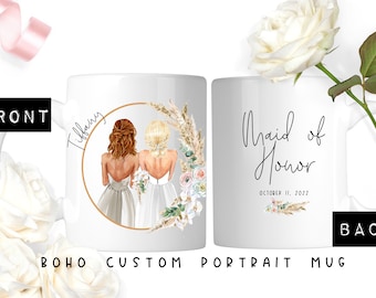 Custom BOHO Portrait BRIDESMAID mugs / Bride with Bridal Party with Pampas Wreath / Customize Hair, Skin, Robes, Names, Back
