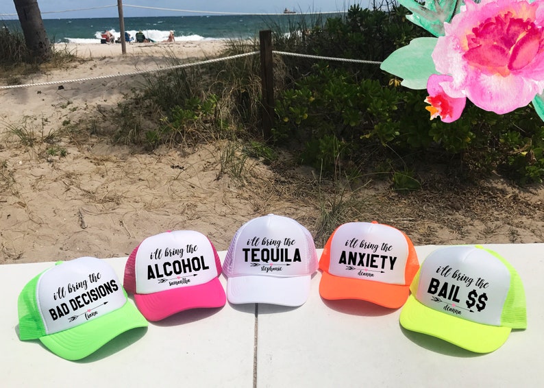 NEON I'll Bring Bachelorette Party Hat \/ Totally Customizable Trucker Cap \/ Pool Party \/ Vegas Miami \/ Beach Vacation \/ Bridesmaid Hat \/ Hen