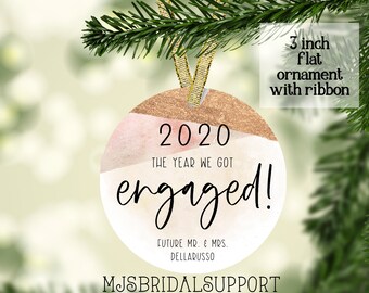 2020 ORNAMENT | The Year We got ENGAGED | Mr & Mrs Custom Name | 2020 Year Boho Design with Gold Streaks