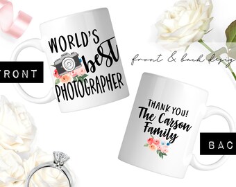 Wedding Photographer Thank You Mug | Worlds Best Photographer with custom Family Name on Back | Two Sizes | Dishwasher Microwave Safe