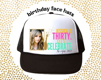 Custom Birthday FACE Hats | Party Favor for Birthday Celebration | Photo inside Frame | Custom name and Age and Location 30 40 50 60 70 Bday